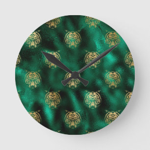 Golden Tiger Face Emerald Green Wild Animal Feline Round Clock