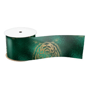Golden Tiger Face Emerald Green Wild Animal Feline Satin Ribbon