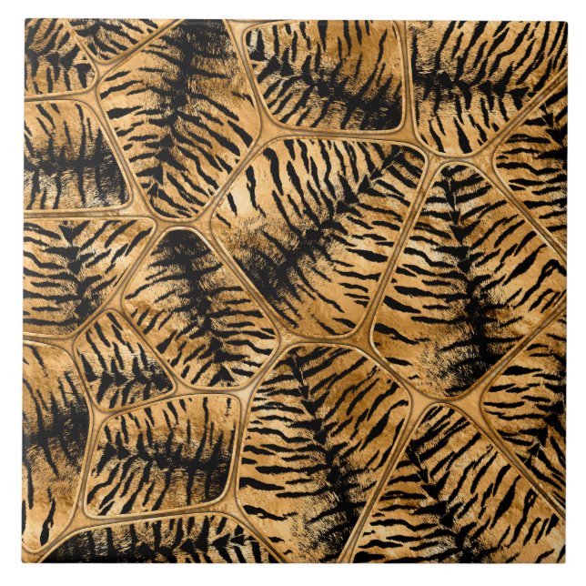 Golden Tiger Faux Fur Cells Ceramic Tile (Front)