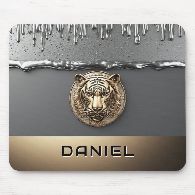 Golden Tiger Head With Metal Drip Effect 🐯 Mouse Pad (Front)