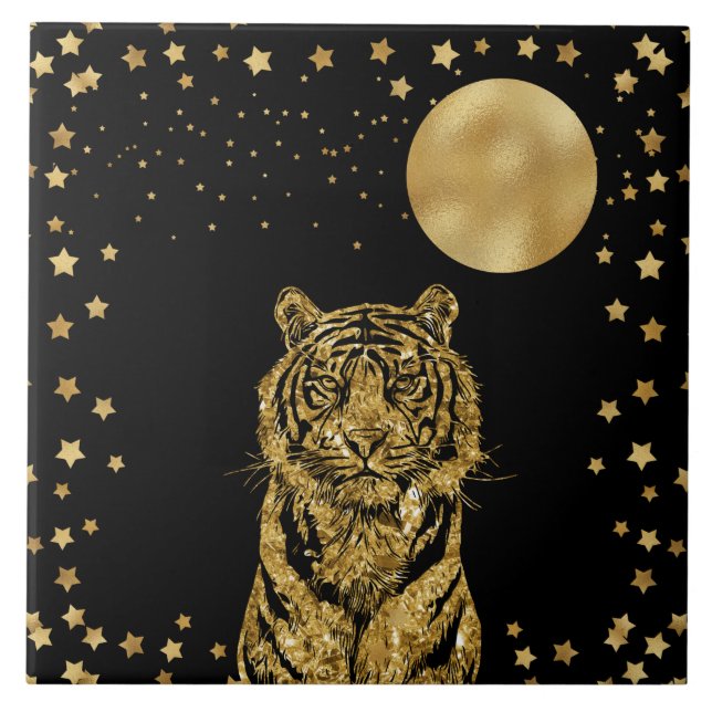 Golden Tiger Stars and Moon on Black Ceramic Tile (Front)