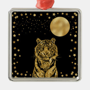 Golden Tiger Stars and Moon on Black Metal Ornament