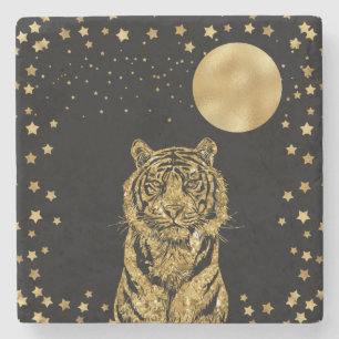 Golden Tiger Stars and Moon on Black Stone Coaster