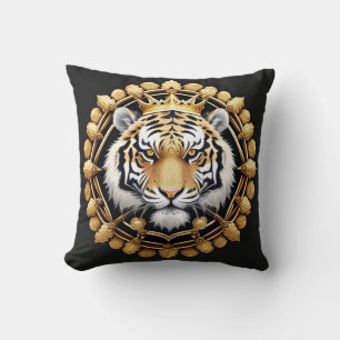 Golden Tiger with Crown Framed by Intricate Gold Cushion