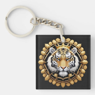 Golden Tiger with Crown Framed by Intricate Gold Key Ring