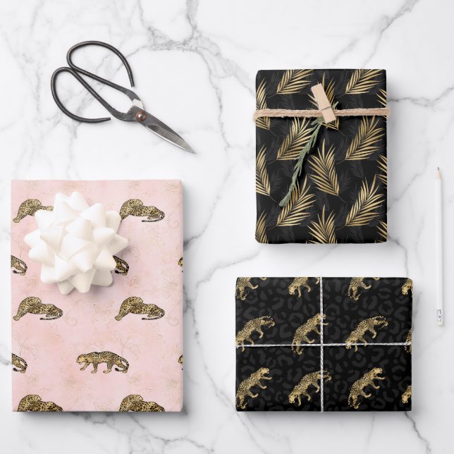 Golden Tigers Pattern Pink Black Elegant Luxury  Wrapping Paper Sheet (Front)