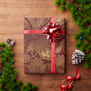 Golden Tones Ornate Paisley Pattern On Red Wrapping Paper