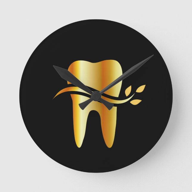 Golden Tooth with leaves Round Clock (Front)