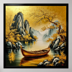 Golden Tranquil Lake with Scenic Nature Poster