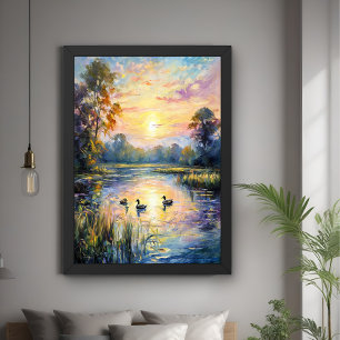 Golden Tranquillity Sunset Pond Landscape with Duc Poster