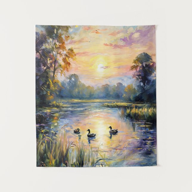 Golden Tranquillity Sunset Pond Landscape with Duc Tapestry (Front)