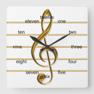 Golden Treble Clef Square Wall Clock