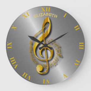 Golden Treble Clef With Notes And Shadows Large Clock