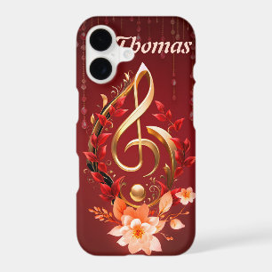 Golden treble clef with red leaves.