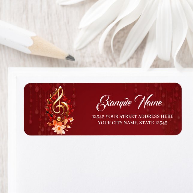 Golden treble clef with red leaves. return address label (Insitu)