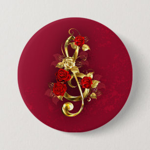 Golden Treble Clef with Rose Flowers 7.5 Cm Round Badge