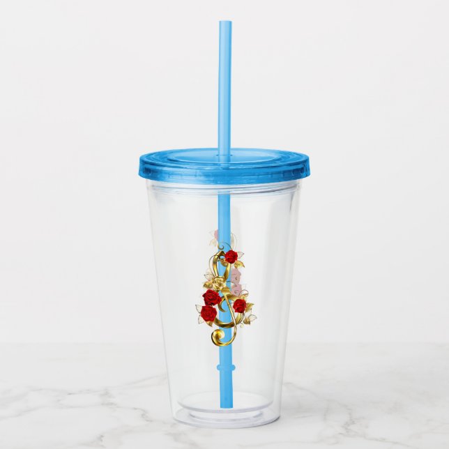 Golden Treble Clef with Rose Flowers Acrylic Tumbler (Front)