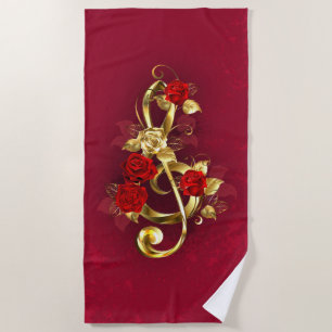 Golden Treble Clef with Rose Flowers Beach Towel