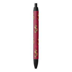 Golden Treble Clef with Rose Flowers Black Ink Pen