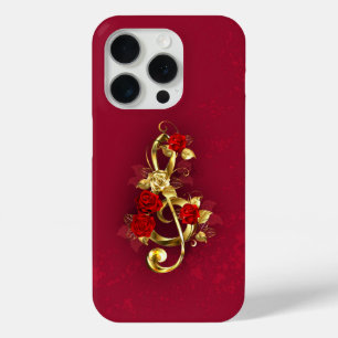 Golden Treble Clef with Rose Flowers iPhone 15 Pro Case