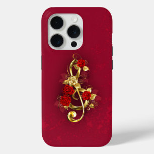Golden Treble Clef with Rose Flowers iPhone 15 Pro Case