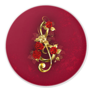 Golden Treble Clef with Rose Flowers Ceramic Knob