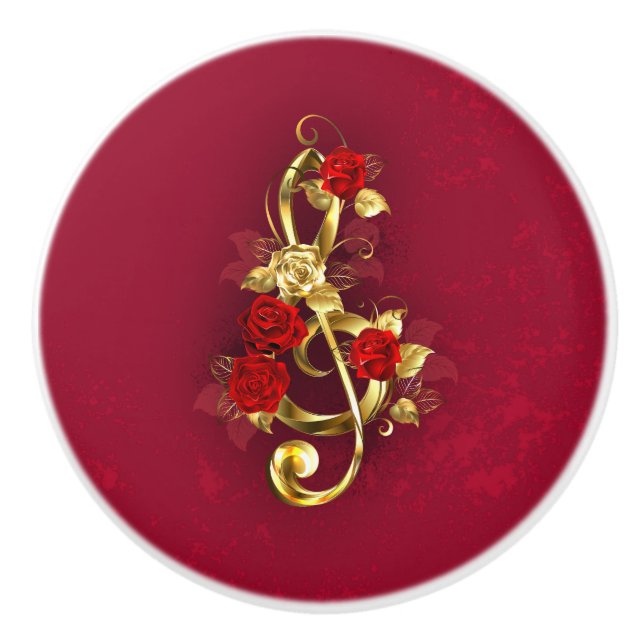 Golden Treble Clef with Rose Flowers Ceramic Knob (Front)