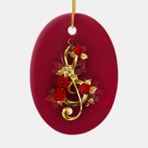 Golden Treble Clef with Rose Flowers Ceramic Ornament