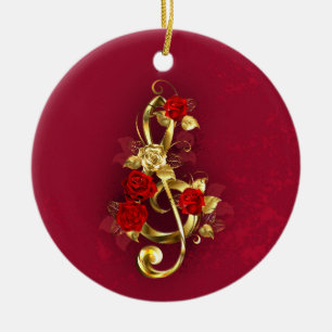 Golden Treble Clef with Rose Flowers Ceramic Ornament