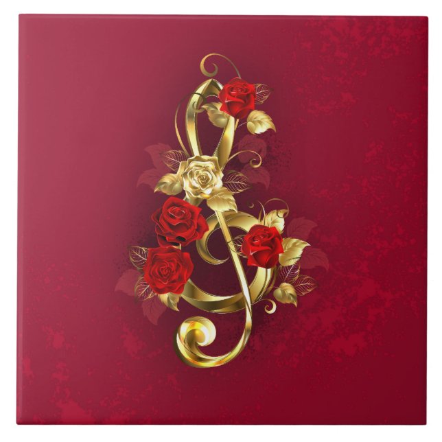 Golden Treble Clef with Rose Flowers Ceramic Tile (Front)