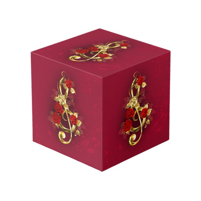 Golden Treble Clef with Rose Flowers Cube (Front Angled)
