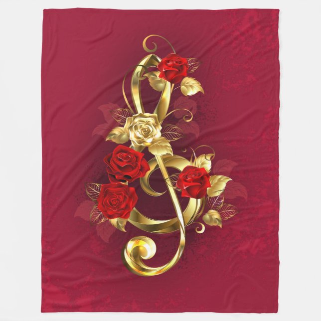 Golden Treble Clef with Rose Flowers Fleece Blanket (Front)