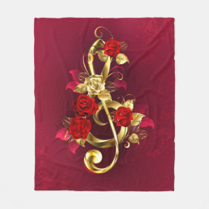Golden Treble Clef with Rose Flowers Fleece Blanket