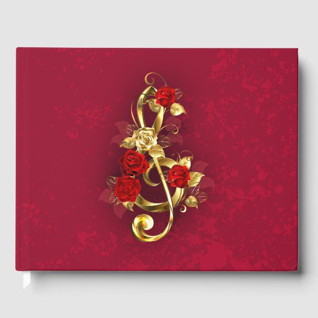 Golden Treble Clef with Rose Flowers Guest Book (Front)