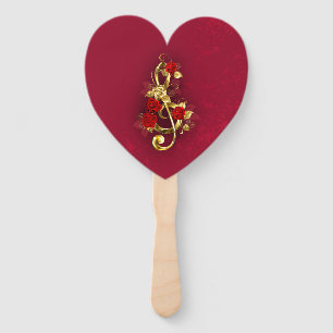 Golden Treble Clef with Rose Flowers Hand Fan