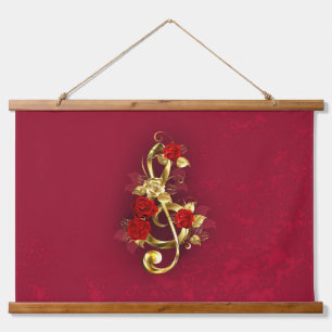 Golden Treble Clef with Rose Flowers Hanging Tapestry