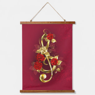 Golden Treble Clef with Rose Flowers Hanging Tapestry