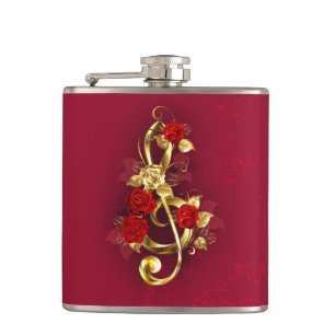 Golden Treble Clef with Rose Flowers Hip Flask