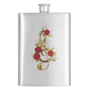 Golden Treble Clef with Rose Flowers Hip Flask
