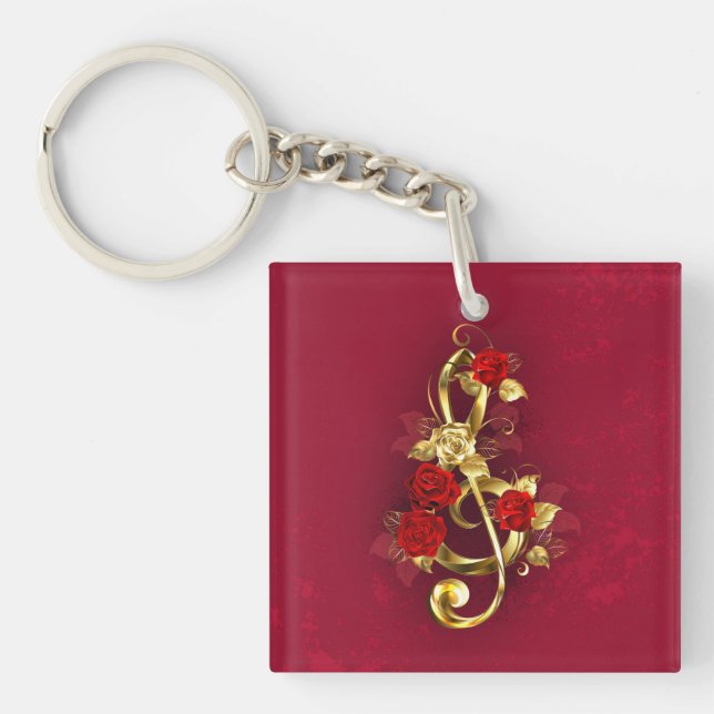 Golden Treble Clef with Rose Flowers Key Ring (Front)