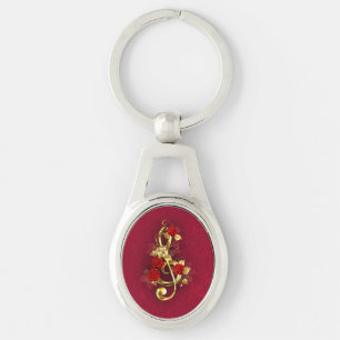 Golden Treble Clef with Rose Flowers Key Ring
