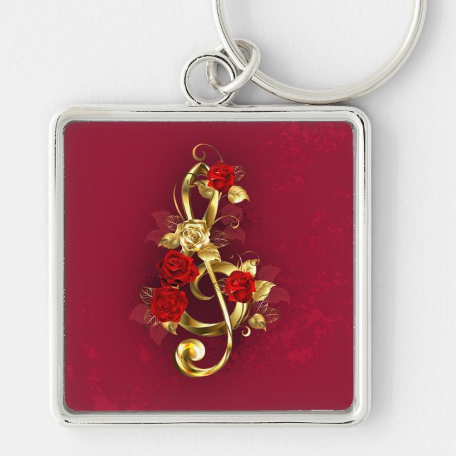 Golden Treble Clef with Rose Flowers Key Ring (Front)