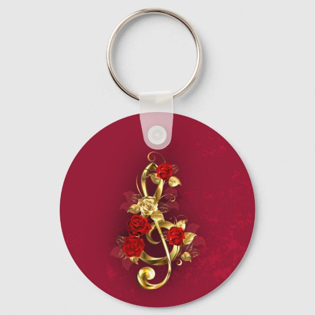Golden Treble Clef with Rose Flowers Key Ring (Front)