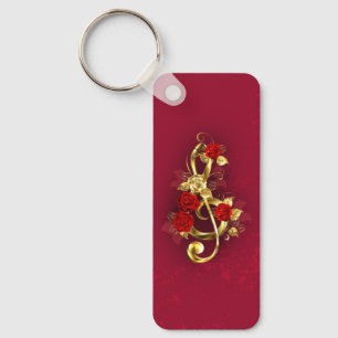 Golden Treble Clef with Rose Flowers Key Ring