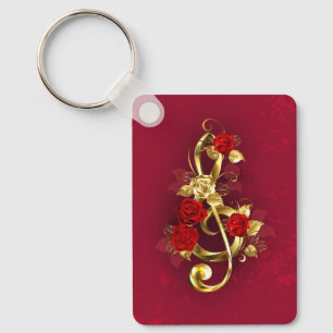 Golden Treble Clef with Rose Flowers Key Ring