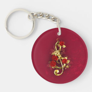 Golden Treble Clef with Rose Flowers Key Ring
