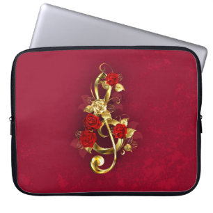Golden Treble Clef with Rose Flowers Laptop Sleeve
