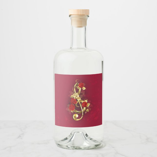 Golden Treble Clef with Rose Flowers Liquor Bottle Label (Front)