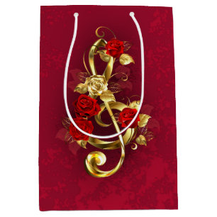 Golden Treble Clef with Rose Flowers Medium Gift Bag