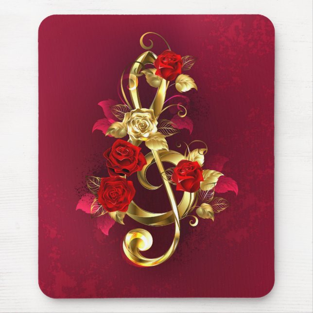 Golden Treble Clef with Rose Flowers Mouse Pad (Front)